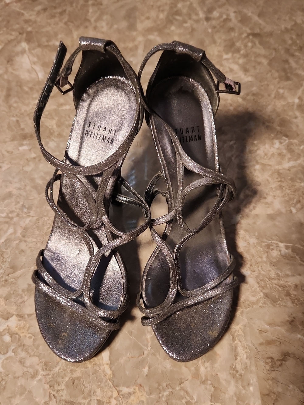 Stuart Weitzman Metallic Silver Strappy Heeled Sandals
